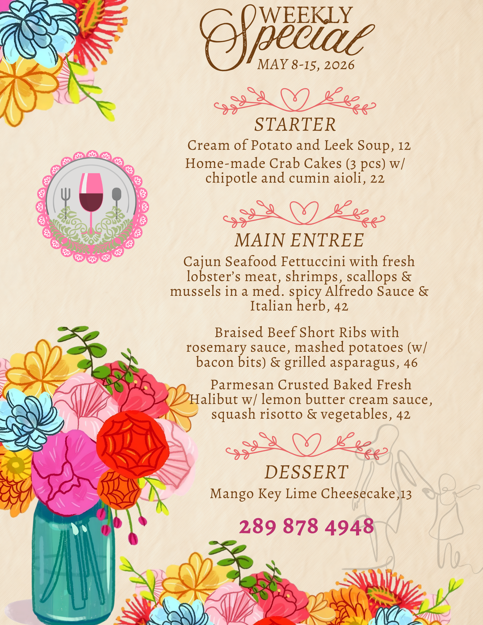 Pastel Pretty Illustrated Floral Mother's Day Lunch Menu